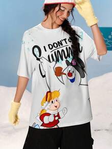 Frosty the Snowman X SHEIN Women's Letter & Snowman Graphic Round Neck Short Sleeve T-Shirt - Multicolor - View 6