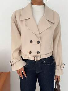 SHEIN EZwear Women's Casual Versatile Solid Color Double-Breasted Trench Coat Outwear, Back To School,Fall - Khaki - View 3