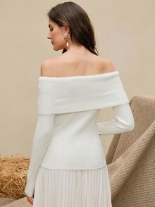 Anewsta 优雅露肩修身毛衣，天鹅绒蝴蝶结露肩领口，适合女士，秋冬 - 白色 - 查看 7