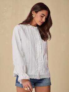 Fall/Winter Romantic Women's White Lace Stitching Front Button Collar Elegant Office Long Sleeve Shirt, Casual & Comfortable For Birthday & Holiday Party & Sweet Date & Daily Commuting & Vacation,Fall Versatile,Fall Shirt For Women,Autumn Clothes - White - View 4