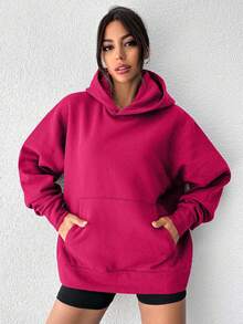 EURMUSE Áo nỉ có mũ trùm đầu túi rộng màu trơn thường ngày dành cho nữ, mùa thu - Màu Hồng Tươi - Xem 3