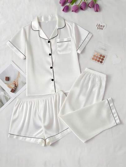 SHEIN 3pcs Plus Size Solid Color Faux Silk Pajama Set Women Pajama Set White Pj Set Sleepwear Set Satin Pajama Set White Pajama Set