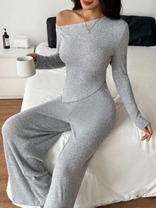 SHEIN PETITE 2 件套女士冬季休闲不对称肩部羊羔绒上衣 + 高腰阔腿裤套装 - 灰色 - 查看 1