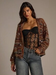 Aloruh Women's Faux Fur Jacket,Brown Striped Colorful Bohemian Style,Sequin Fabric Glamorous Casual Autumn Winter Ladies Halloween Costumes Retro Occasion - Multicolor - View 7