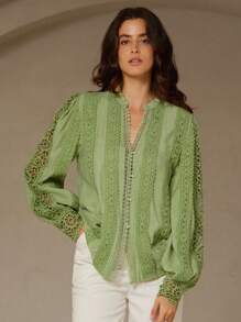 Aveloria Rosie Romantic French Style Lace Patchwork Women Blouse, V-Neck Lantern Sleeve Hollow Embroidered Long Sleeve Shirt Fall Cloth For Women