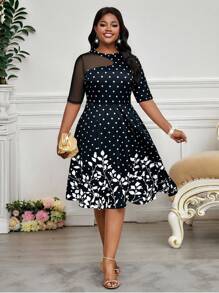 SHEIN Lady Vestidos de fiesta, boda y cóctel elegantes de contraste en blanco y negro de malla de talla grande, para primavera, verano, otoño e invierno