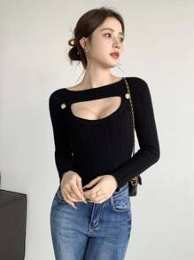 Celisse Women's Sexy Off Shoulder Hollow-Out Fitted Knit Sweater, Elegant Style, Suitable For Spring & Autumn Fall Winter Cloth For Women