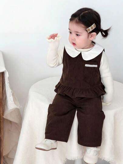 DAZY 2pcs Baby Girls' Peter Pan Collar Color Block Long Sleeve Shirt And Casual Pants Set Fall