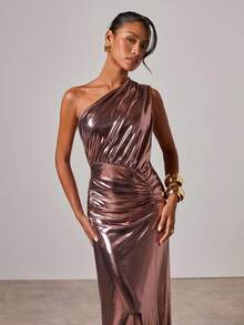 COSMINA Women's Shiny Asymmetrical Shoulder Dress Formal Dress Rose Gold Dress One Shoulder Dress - Purple - View 5