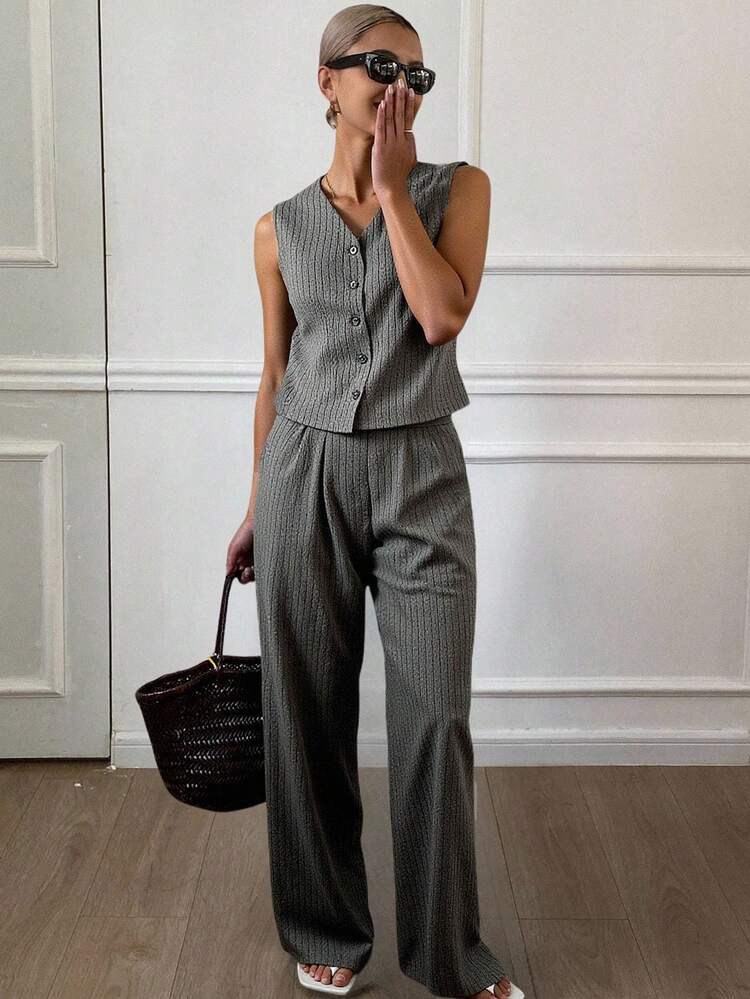 Women's Casual Commuter Striped Vest And Pants 2 Pieces Set, Summer