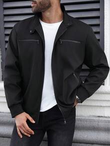 Manfinity CasualCool Plus Size Men's Casual Solid Color Black Zip Up Jacket Casual, Outdoor Windbreaker, Fall