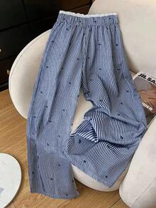 GlowEve 女士休闲蝴蝶结条纹蕾丝腰直筒阔腿裤 - 藏蓝色 - 查看 2