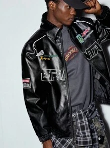 MODCRASH Men's Pu Leather Embroidered Biker Rave Jacket, Boxy Clothing, Streetwear Jacket, Autumn Clothes, Fall, Winter, Winter, Winter - Black - View 7