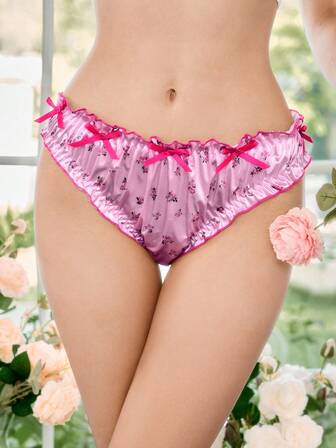 FloralLove Ditsy Floral Contrast Color Satin Ruffle Hem Pleated Trim Bowknot Pastoral Romantic Women's Panties  Cozy And Elegant Details Silk Panties Floral Panties