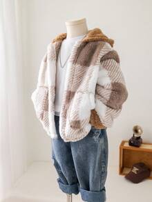 SHEIN 1件男童休閒保暖帶帽外套，格紋設計，加厚保暖，綿布內裡及口袋