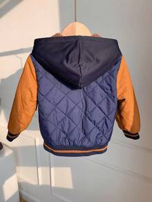 SHEIN 年轻男孩休闲学院风字母印花拼接撞色加厚抓绒连帽棉服外套，适合通勤、上学、居家、休闲、街拍、派对及户外活动，冬季 - 藏蓝色 - 查看 3