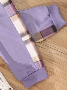 SHEIN Tween Girl Plaid Patchwork Hoodie And Pants Set Fall Winter - Purple - View 4