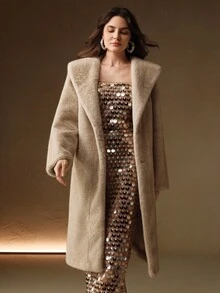 Anewsta 女士优雅人造毛领收腰高端冬季外套 - 杏色 - 查看 7