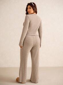 Elaquor Conjunto de 2 piezas de top y pantalones de talla grande de unicolor casual con bajo asimétrico - Albaricoque - Ver 2
