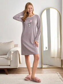 EURMUSE Women Rib Knit Striped Cute Animal Embroidery Detail Long Sleeve Homewear Sleep Dress - Multicolor - View 4