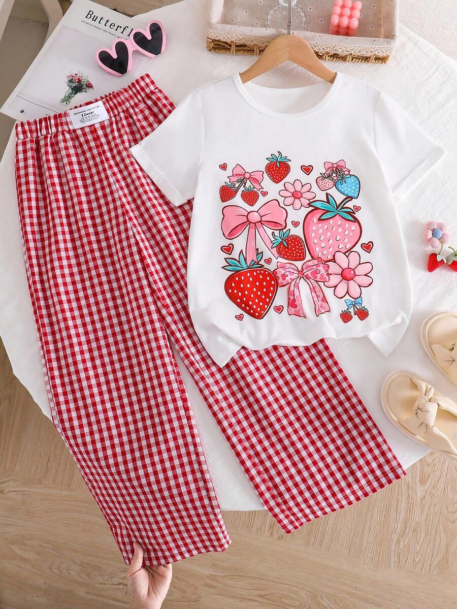 Sparklyn Girls' Casual Cute Plaid Cherry Print T-Shirt - Red - View 1