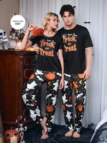 CoupledUp 男士卡通针织印花万圣节南瓜、蝙蝠、鬼魂短袖 T 恤和裤子休闲睡衣套装 - 黑色 - 查看 6