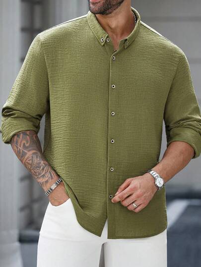 Manfinity CasualCool 男式加大码纯色绿色前扣休闲长袖衬衫，秋季