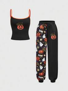 ROMWE 2pcs/Set Halloween Pumpkin & Ghost Print Tank Top & Sweatpants - Multicolor - View 1