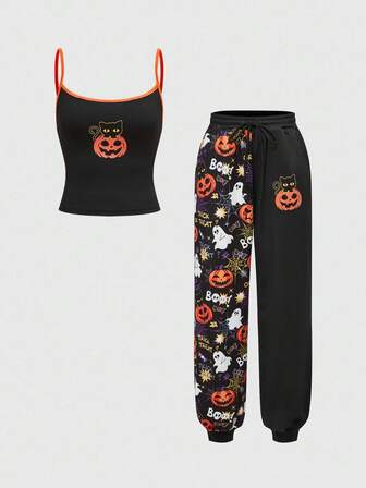 2 pièces/Set Débardeur et Pantalon de Jogging Imprimés Citrouille et Fantôme d'Halloween
