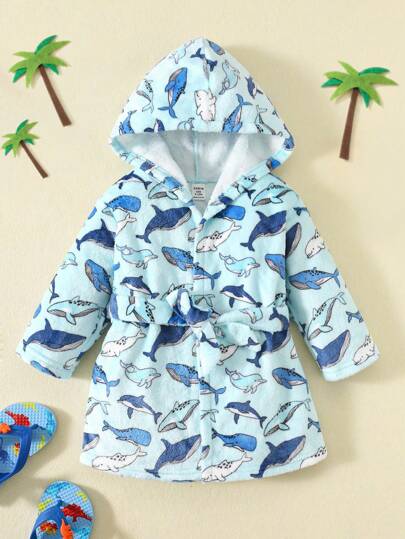 SHEIN Roupão de Banho com Capuz Flanelado Grosso, Estampa Cartoon Padrão Casual Resort, Adequado para Praia, Piscina, Termas, Aquecimento/Espessura, Fofo para Bebê Menino