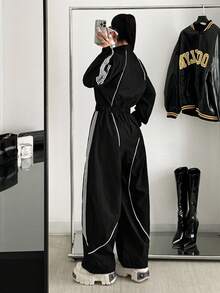 StreetHx Women's Fashion Sporty Color Block Jumpsuit - Black - View 2