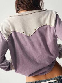 Bohemela Áo thun tay dài cổ chữ V phối màu đơn giản dành cho nữ - Màu tím - Xem 6