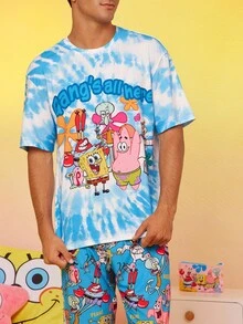 SpongeBob SquarePants | SHEIN Men's Tie Dye& Cartoon Pattern Short Sleeve Top & Pants Loungewear Set - Baby Blue - View 3