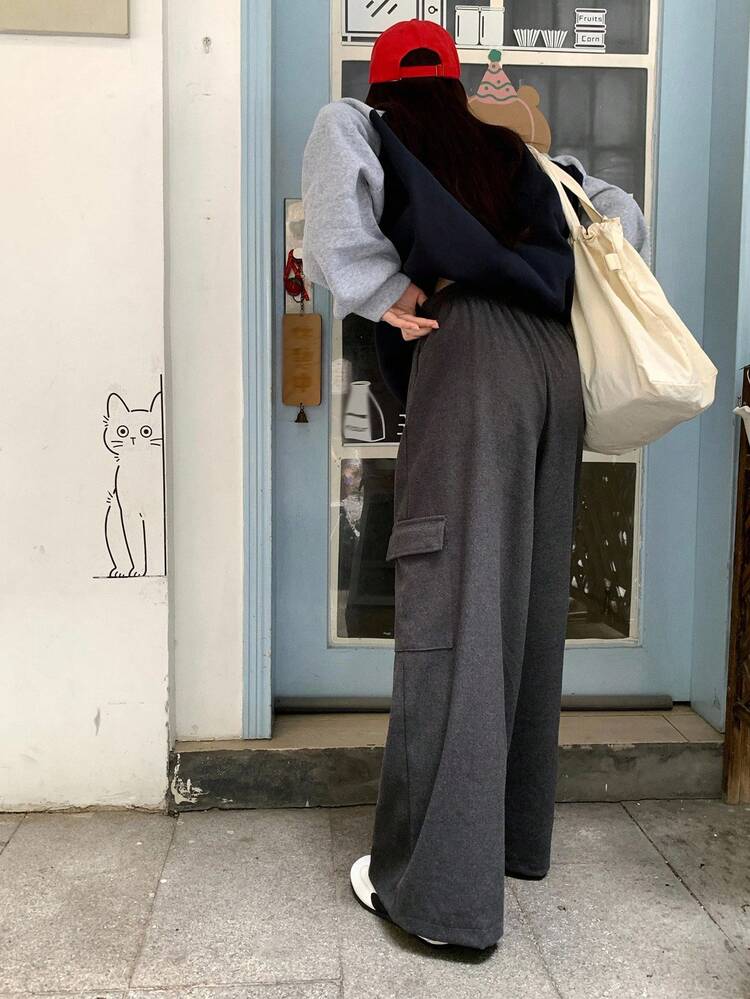 Women's Casual Loose Baggy Pocket Sweatpants, Korean Style Solid Color Women Joggers