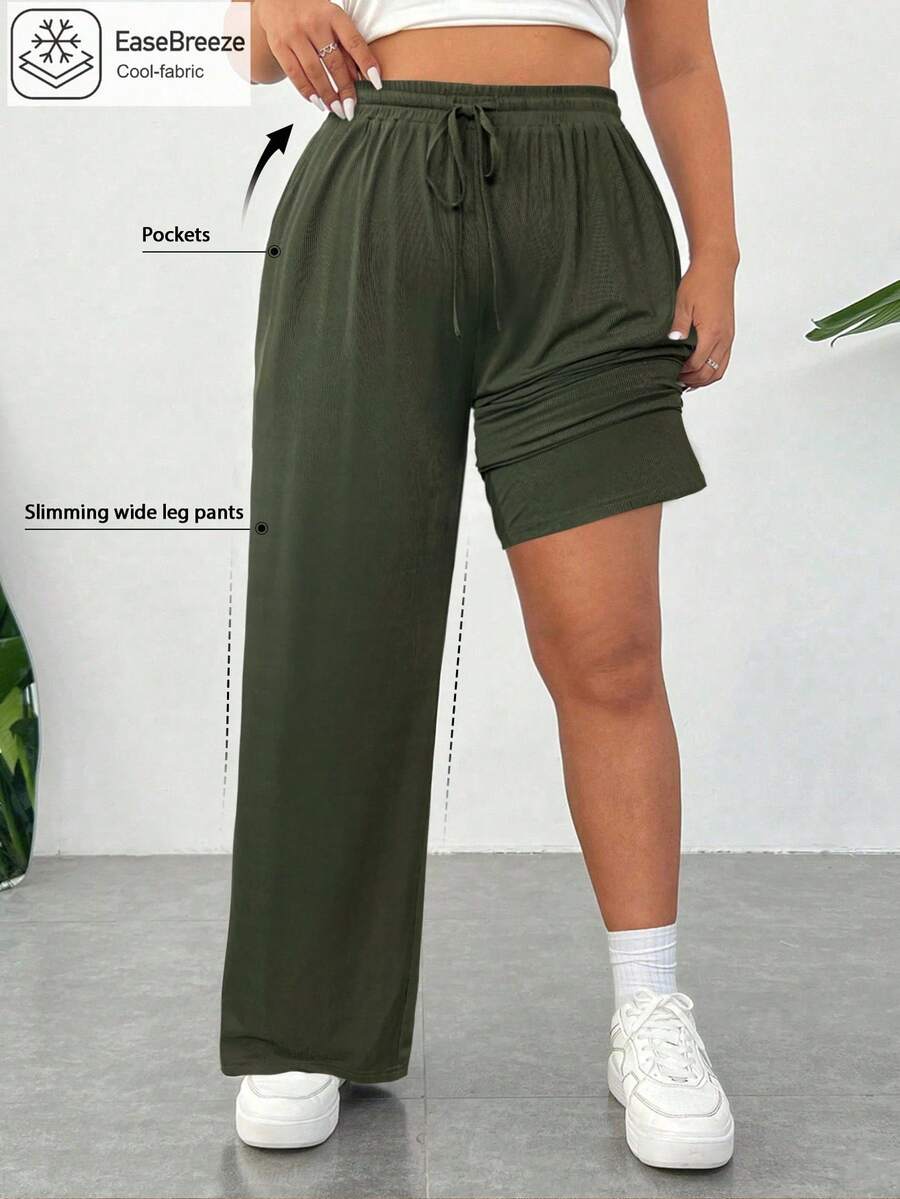 SHEIN EZwear 大码女装夏季军绿色冰丝超薄清凉功能针织罗纹面料亲肤顺滑不粘面料纯色休闲运动基础裤带口袋,前抽绳松紧腰带,高腰修身直筒宽松长裤 - 軍綠色 - 查看 1