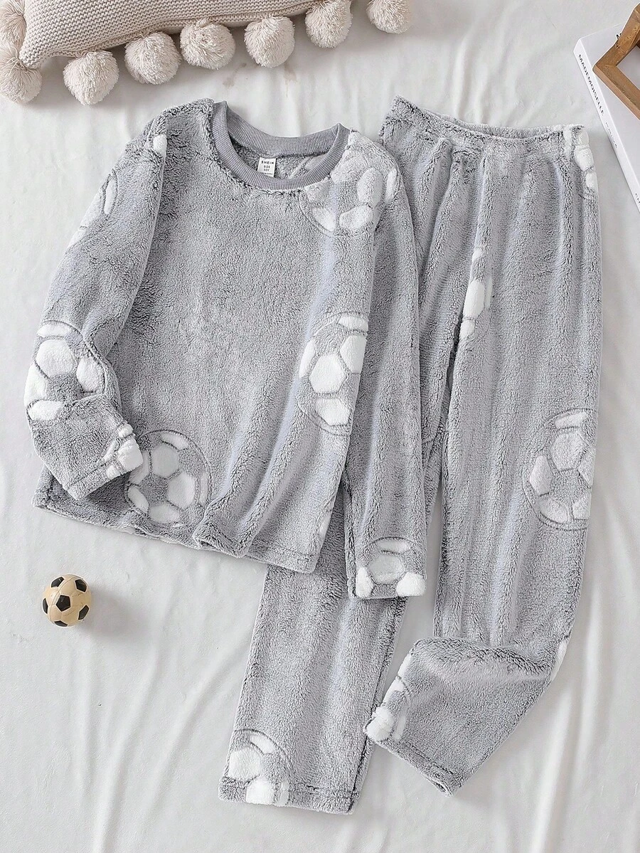 男童休闲足球图案羊毛长袖上衣和裤子家居服套装，面料舒适柔软 - 灰色 - 查看 1