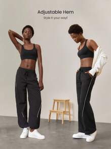 GLOWMODE Skin-Friendly Chill Zone Adjustable Drawstring Waist Hem Relaxed Fit Contrasting Color Joggers With Side Pockets Daily Casual - Black - View 2