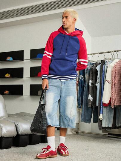 STEELVANCE 男士休闲运动时尚街头拼接撞色条纹印花口袋插肩袖抽绳卫衣，春秋季，2000年代风格，街头服饰