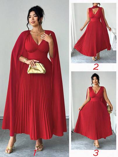 Elenzga Plus Size V-Neck Patchwork Chiffon Batwing Sleeve Faux Waist Gathered A-Line Hem Casual Elegant Dress For Outing, Party, Holiday