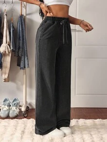 SHEIN Tall Tall Elastic Waist Washed Straight Leg Jeans - Dark Grey - View 5