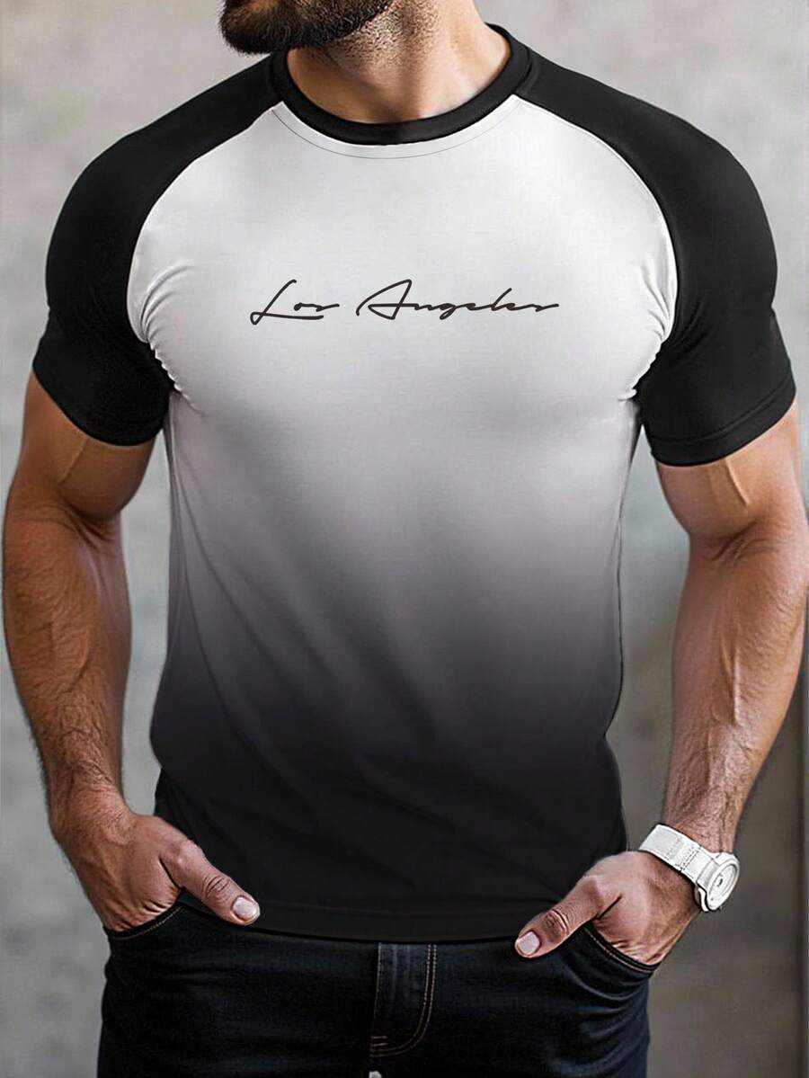 Manfinity Homme Plus Size Men's Casual Ombre Letter Print Raglan Sleeve T-Shirt, Summer - Black and White - View 1