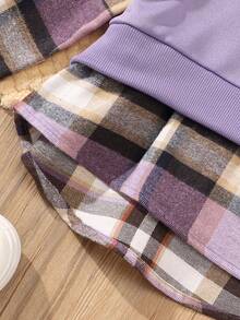 SHEIN Tween Girl Plaid Patchwork Hoodie And Pants Set Fall Winter - Purple - View 3