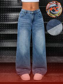 SHEIN Jeans droits en denim doublé thermique à taille haute ample et délavé pour préadolescentes, style années 90/Y2K, décontracté. Jeans évasés casual avec poches, pour l'automne/l'hiver, gardant au chaud, idéal pour les filles pour la rentrée scolaire, l'homecoming. Pantalon évasé streetwear vintage, jeans larges Y2K, jeans ample pour adolescentes. - Jean bleu - Voir 1