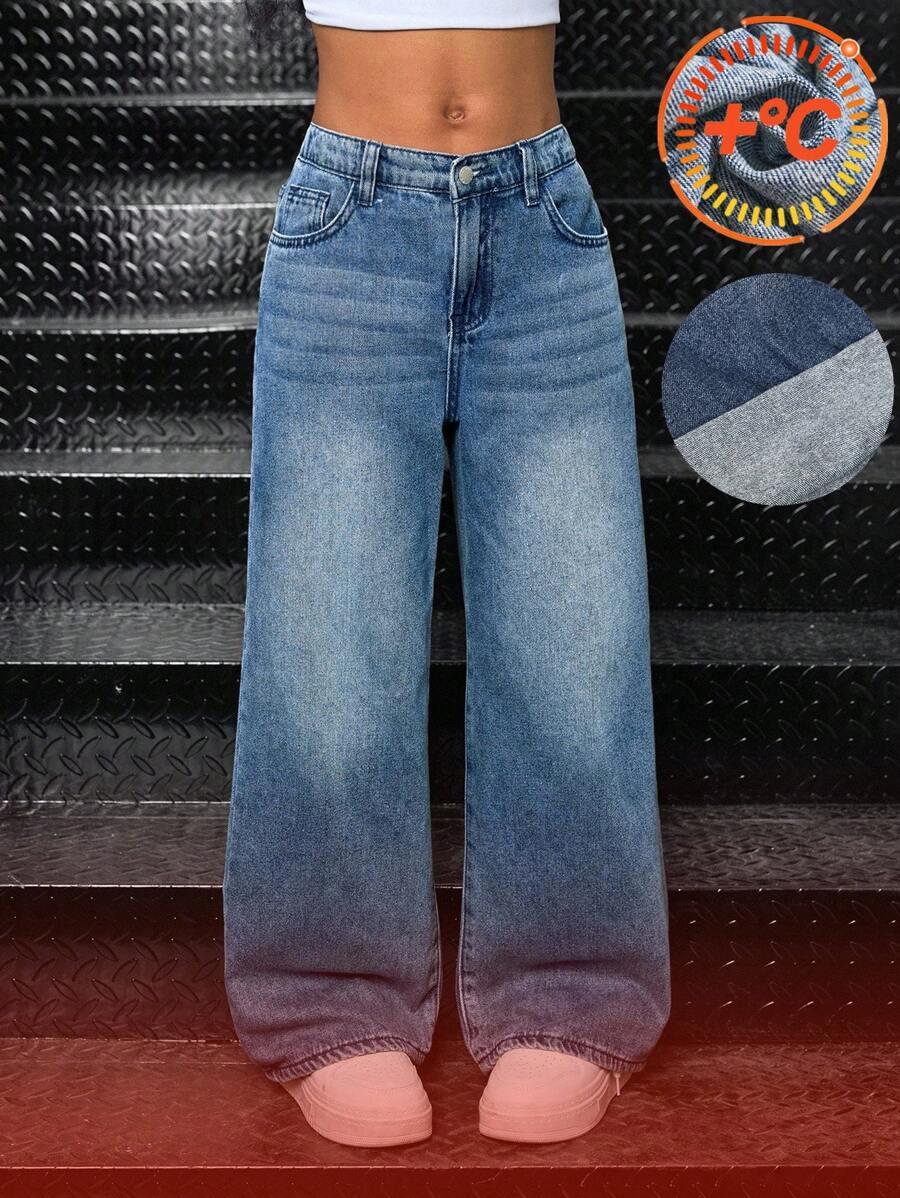 SHEIN Jeans droits en denim doublé thermique à taille haute ample et délavé pour préadolescentes, style années 90/Y2K, décontracté. Jeans évasés casual avec poches, pour l'automne/l'hiver, gardant au chaud, idéal pour les filles pour la rentrée scolaire, l'homecoming. Pantalon évasé streetwear vintage, jeans larges Y2K, jeans ample pour adolescentes. - Jean bleu - Voir 1