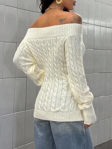 SHEIN HypeZone 女士街头风露肩扭绳宽松休闲长袖毛衣，秋冬 - 杏色 - 查看 2