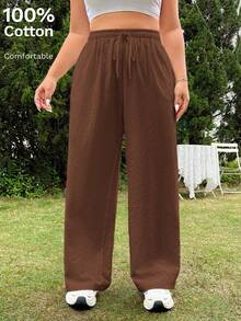 SHEIN EZwear 大码棕色休闲裤，简约日常穿着 - 棕色 - 查看 6