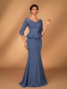 Serin Elegant Luxurious Dusty Blue Spring Formal Wedding Embroidered Lace Stretch Knit Mermaid Skirt Sleeve,Suitable For Galas,Mother Of The Bride Dresses - Blue - View 6