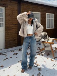 Muchica 女士人造毛皮保暖厚长袖夹克，时尚冬季外套 - 卡其色 - 查看 6