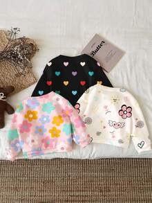 SHEIN 3 件套女婴休闲宽松圆领运动衫，带有可爱的多巴胺、花卉、心形图案，经典黑色、奶油白色、奶油粉色，舒适柔软，适合秋冬季 - 彩色 - 查看 2