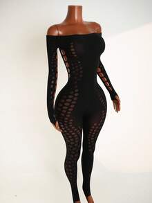 Mistrie Sexy Hollow-Out Bodycon Off Shoulder Jumpsuit Fall Cloth For Women - Black - View 5